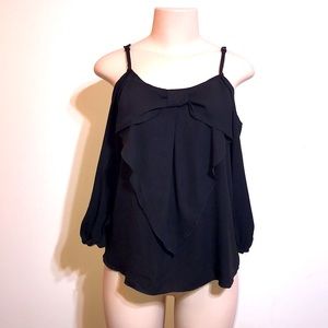 Black Long Sleeve Cold Shoulder Bow Dressy Blouse